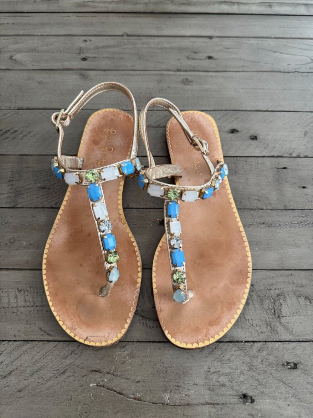 Lilly Pulitzer Raysa Jewel Embellished T Strap Flat Leather Sandals 7.5